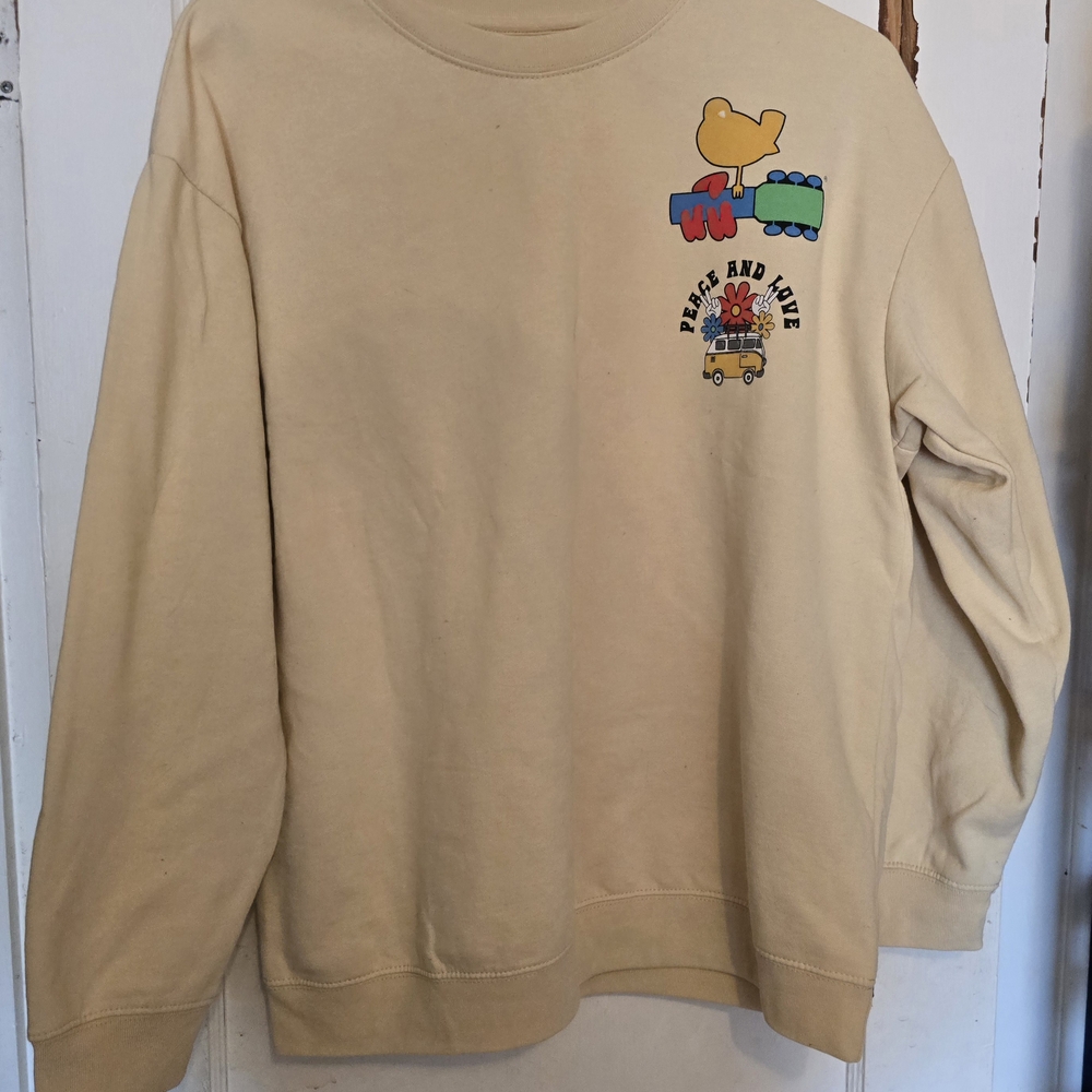 Mens Unisex Woodstock Peace And Love Fleece Sweatshirt XL Cream Freez Like New
